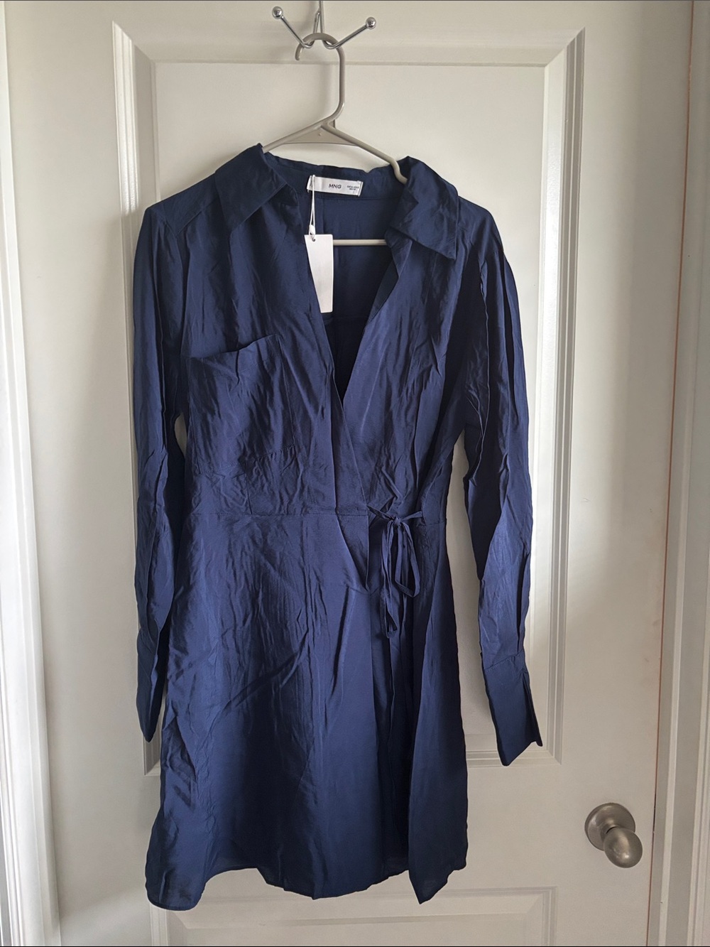 Mango Navy Long-Sleeve Wrap Shirt Dress